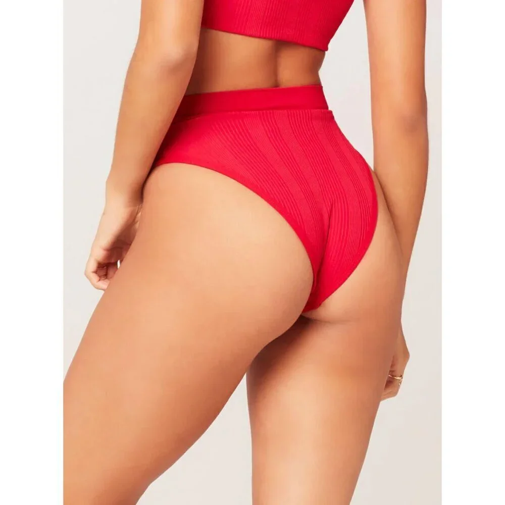NEW l*space Frenchi Ribbed High Waisted Bikini Bottom in Lipstick Red Sz. S